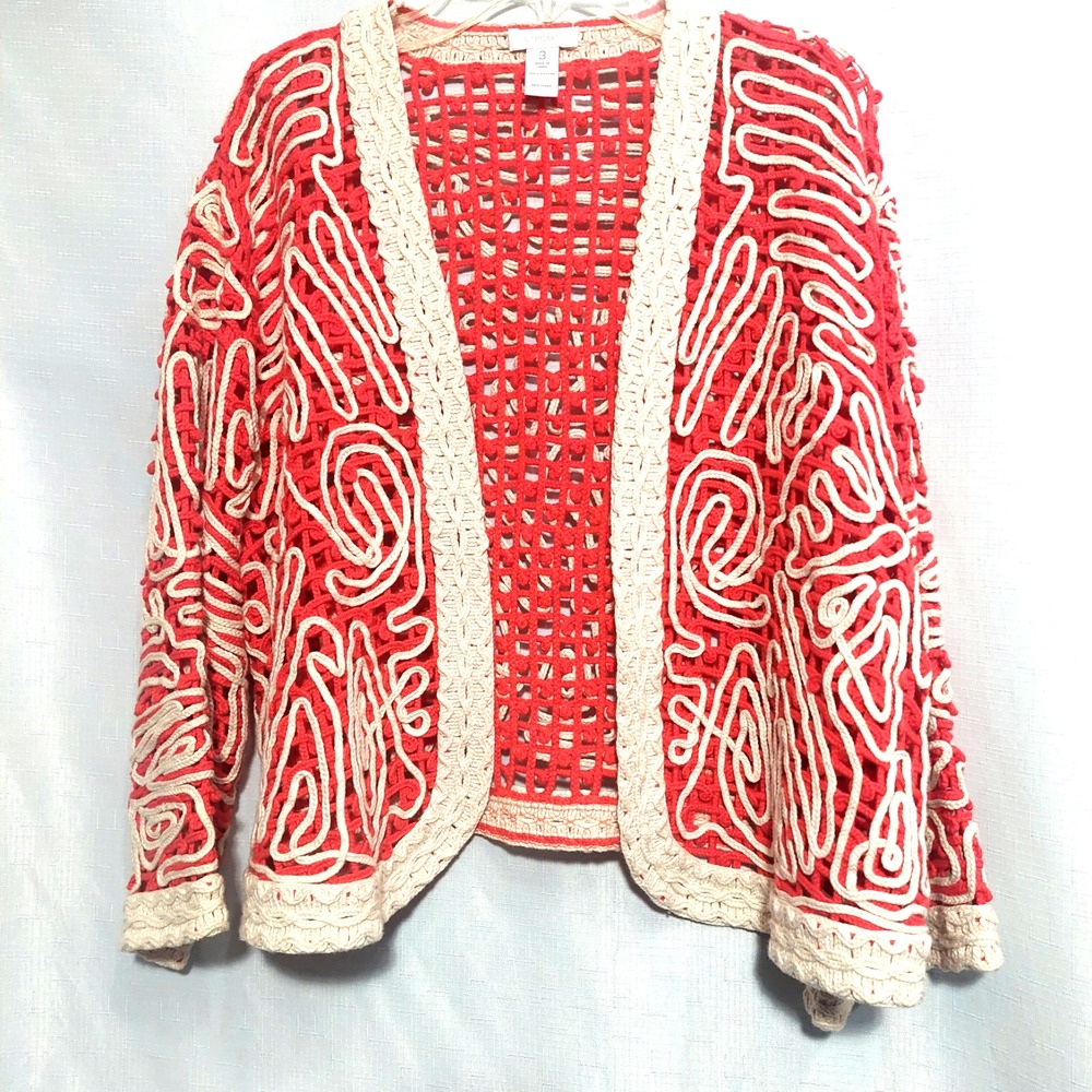 Chico's Womens Size 3(XL) Short Jacket Bolero Swirl Crochet Open Reddish Orange